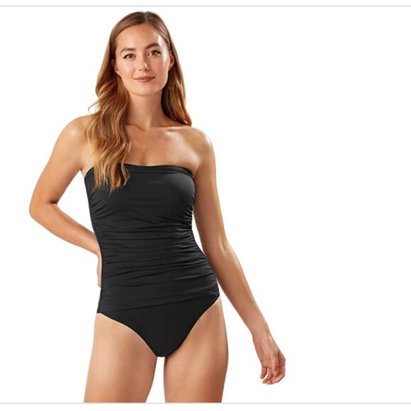 Tommy Bahama Pearl Shirred Bandeau One Piece Swimsuit Black 14 6556